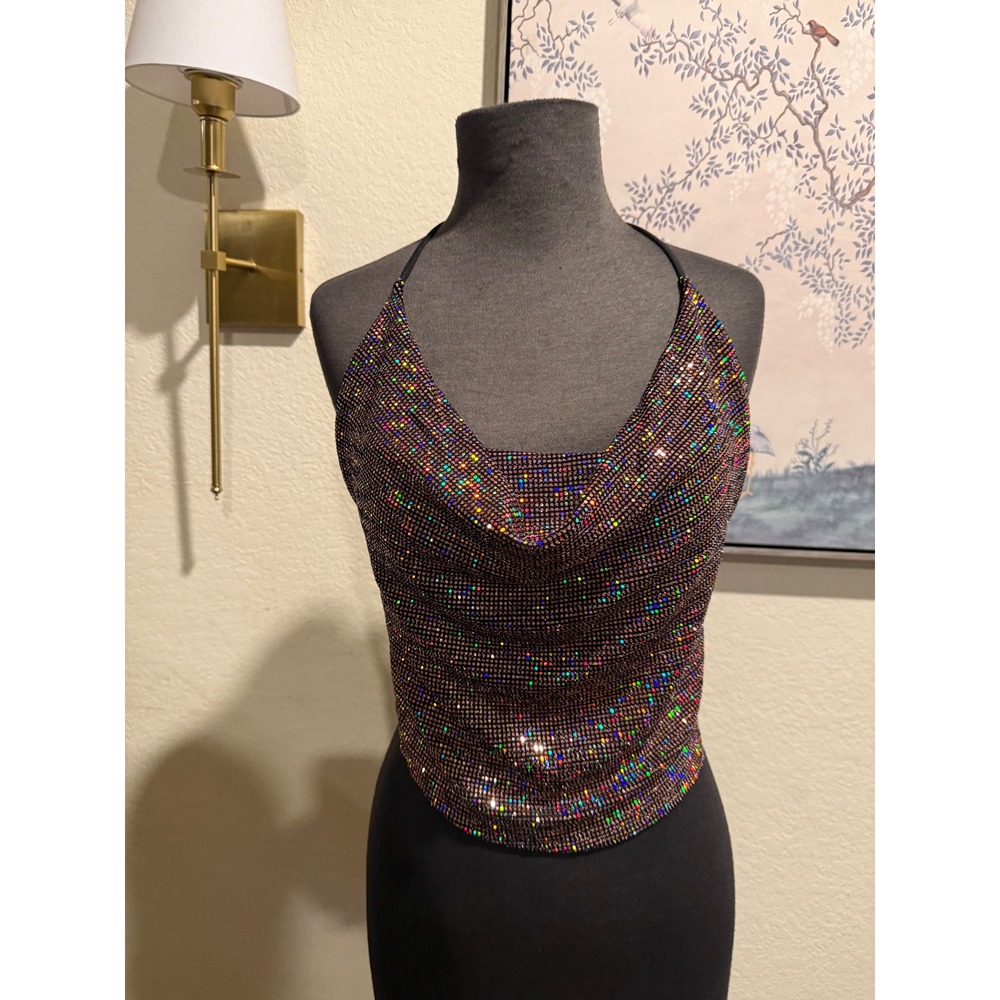 Chocolate Womens XL Rainbow Glitter Halter Top Cowl Neck Metallic Sparkle Party